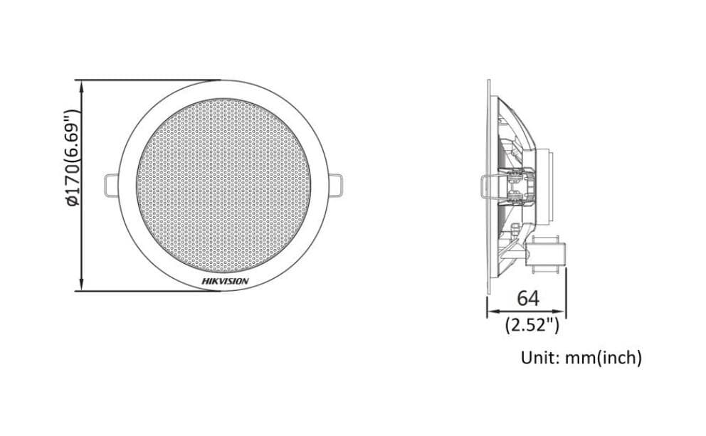 Difuzor de tavan Hikvision DS-QAE0206G1-V, putere difuzor: 6W, senzitivitate: 91 dB ± 3 dB, frecventa: 90 Hz to 20 kHz(max 98 dB), dimensiuni:Ø170 × 64 mm, greutate: 0.46kg. — miniatură