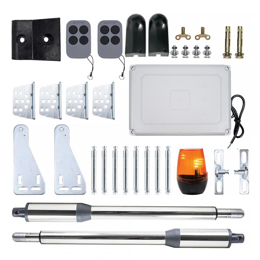 Kit automatizare porti batante PNI MAB300, cu 2 motoare 40W, telecomenzi si panou de control, fotocelule si lampa, lungime poarta 2 x 2.5m max, greutate poarta 200Kg, Putere: 40w X 2, Lungimea maxima a foii de poarta: 2.5m,Viteza motor 1,6 cm/sec, 250rpm, IP55 — miniatură