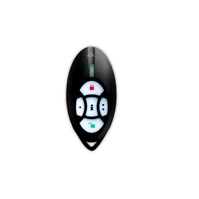 Telecomandă cu 5 butoane • rezistență la apă • design elegant și durabil • afișare stare sistem • butoane cu iluminare de fundal • indicații sonore • GFSK wireless bidirecțional cu salt de frecvență și criptare • o baterie 3V litiu (CR2032). autonomie baterie minim 2 ani • 3.8 x 7.8 x 1.8 cm • 20g •