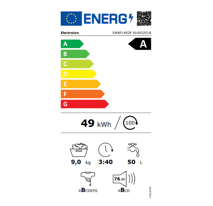 Masina de spalat rufe Electrolux EW6F1492E, 9 kg, 1400 rpm, Clasa A, Motor Inverter cu MagnetPermanent, Display LED, SensiCare, TimeManager, Alb