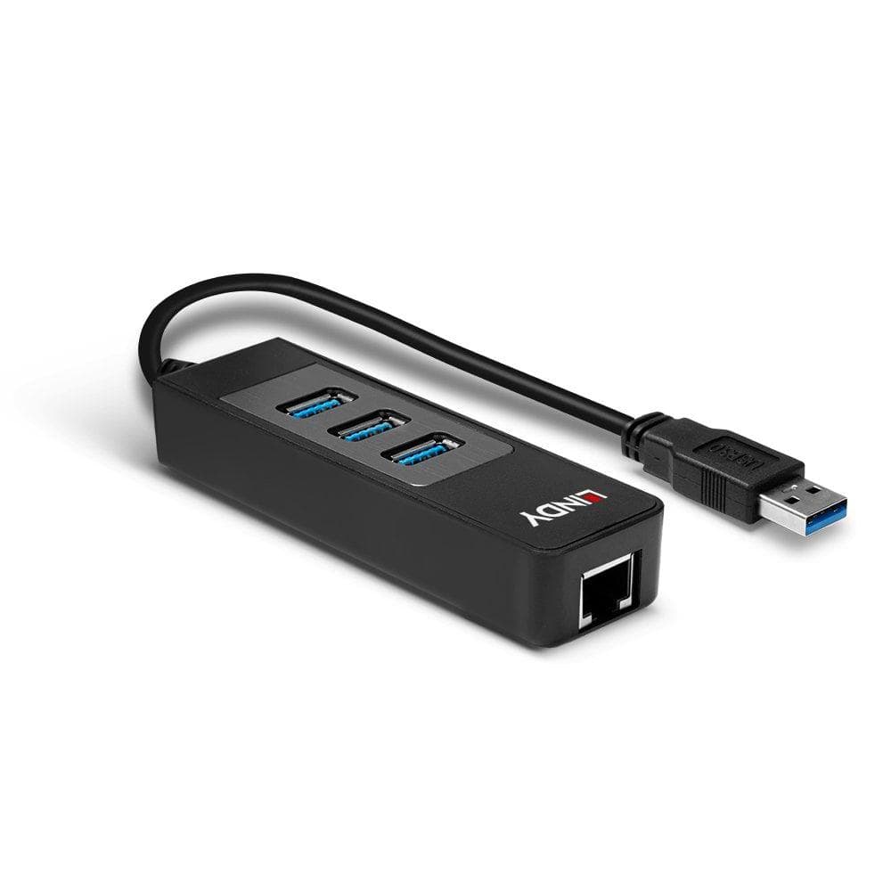 Hub USB Lindy USB 3.0 Hub and Gigabit Ethernet Converter, USB-A, 4 porturi, RJ-45, Negru — miniatură