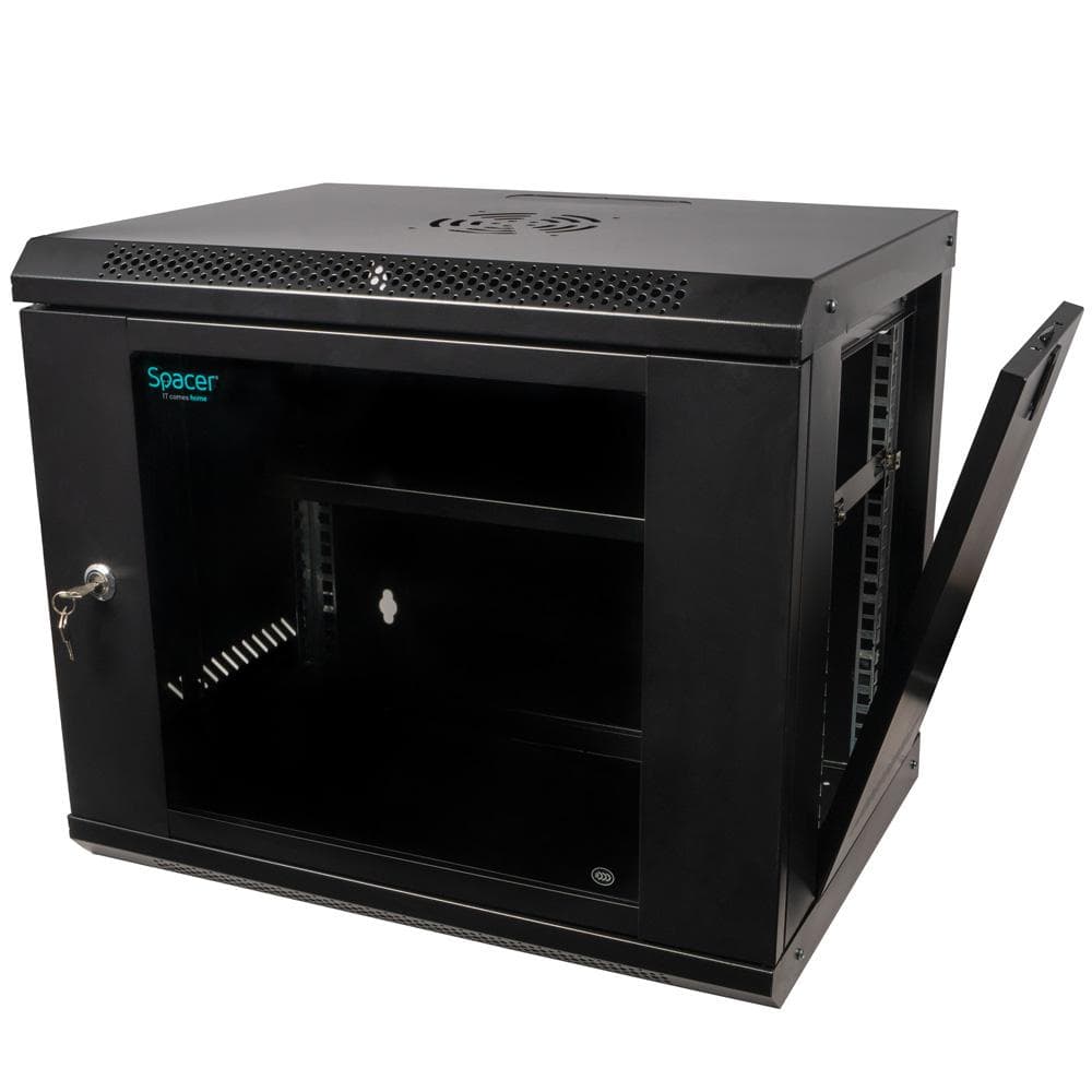 CABINET 19″ SPACER 9U 500x400mm, fixare pe perete, Flatpack (dezasamblat), Black, usa sticla cu blocare, panouri detasabile, otel 1mm, sarcina maxima 25Kg — miniatură