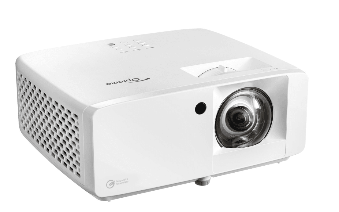 Videoproector Optoma UHZ35ST, UHD 3840*2160, 3.500 lumeni, 500.000:1, 16:9/ 4:3/ 16:10, laser 30.000 ore, distanta maxima de proiectie 3.3m, 2 * HDMI, Audio 3.5mm, USB-A power 1.5A, RS232, RJ45, 28dB-35dB, Security bar, Kensington Lock, protejare cu parola, IP6X, telecomanda cu baterii incluse, boxa — miniatură