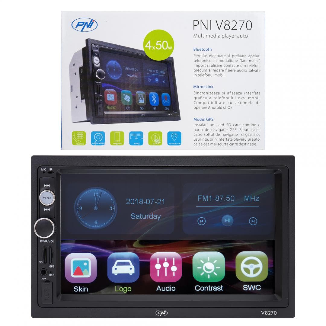 Navigatie multimedia PNI V8270 2 DIN cu GPS MP5, touch screen 7 inch, radio FM, Bluetooth, Mirror Link, AUX, USB, microSD, Culoare: negru, 7", Rezolutie: 1920 x 1080px, Aspect: 16:9, Formate acceptate: DVD, VCD, CD, CD-R, MP3, JPEG, WMA, Procesor: 500 MHz, Bluetooth, format audio: MP3, WMA, WAV