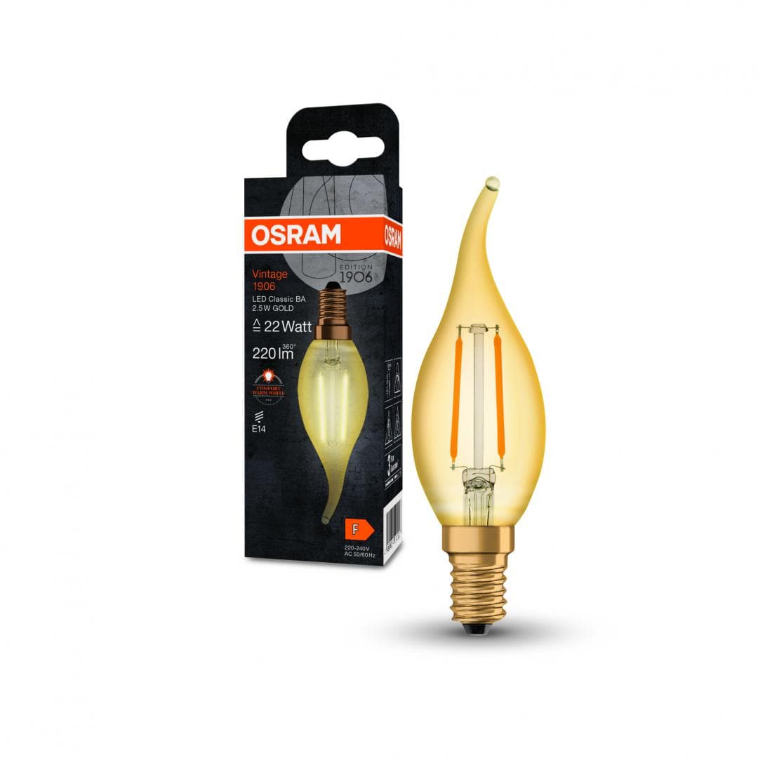 Bec LED Osram Vintage 1906 CLAS BA, E14, 2.5W (22W), 220 lm, luminacalda(2400K), cu filament