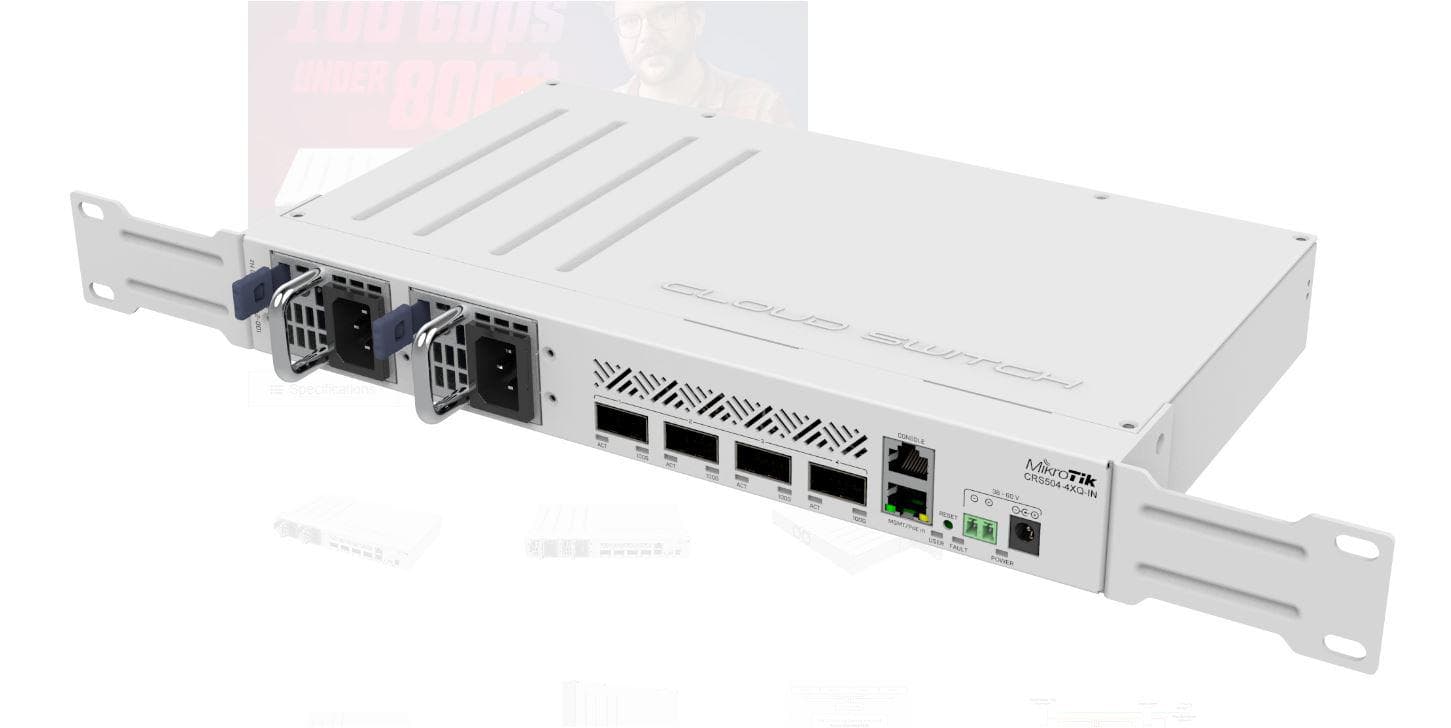 SWITCH MIKROTIK CRS504-4XQ-IN, 1 x 10/100Mbps, 4 x 100 QSFP28, Procesor: 650 MHz, 64MB RAM, 16MB flash, dimensiuni: 320 x 185 x 44 mm, racier: 2 vantilatoare.IP 20. — miniatură