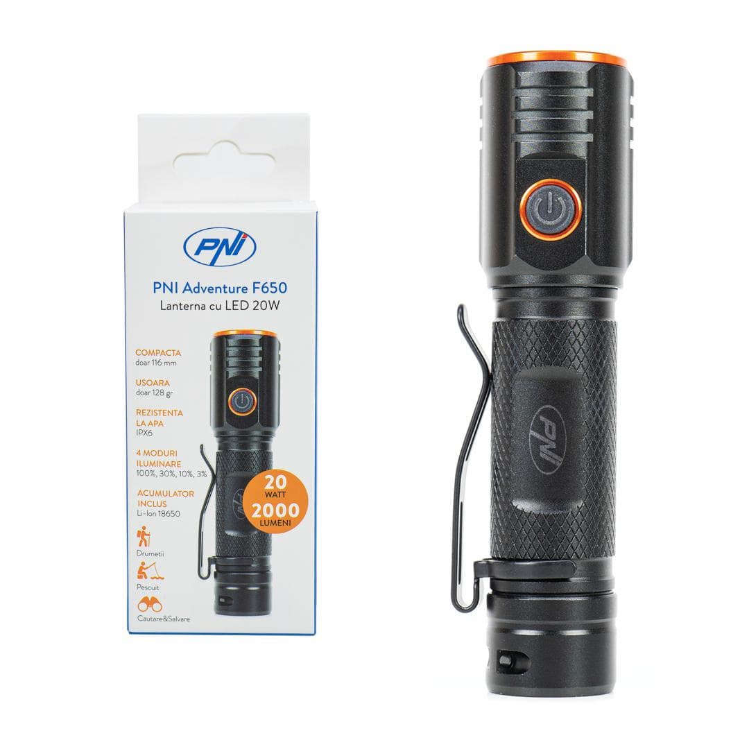 Lanterna PNI Adventure F650 cu LED 20W, 2000lm, din aluminiu, IPX6, acumulator inclus, incarcare prin USB tip C, LED CHN, Putere led: 20W, Capacitate acumulator: 2200mAh, carcasa: Aluminiu anodizat, Raza de actiune: Pana la 180 m, Dimensiuni: Φ28 x 116 mm, Durata acumulator: pana la 4 ore continuu