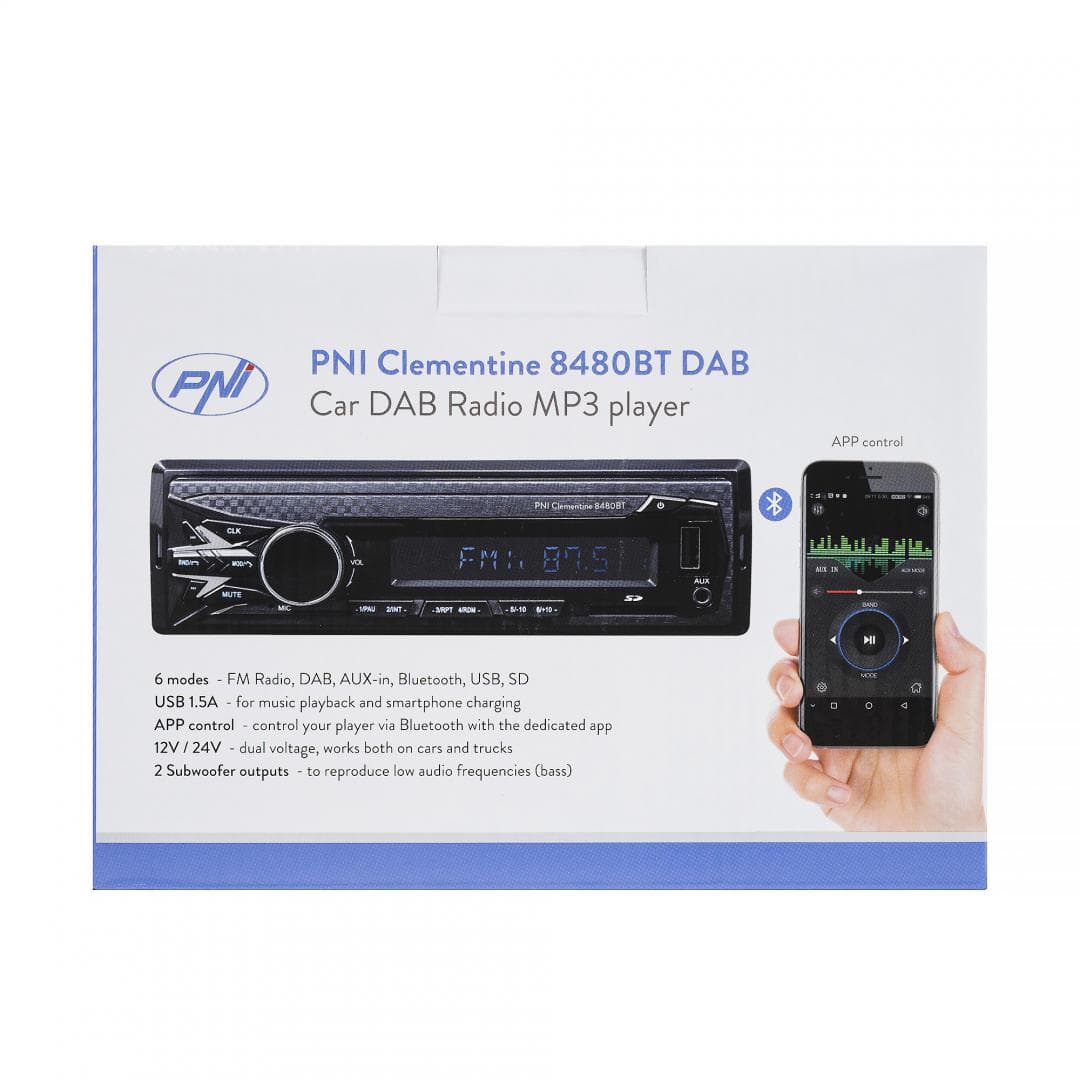 DAB si RDS radio MP3 player auto PNI Clementine 8480BT 4x45w, 12/24V, 1 DIN, cu SD, USB, AUX, RCA, Bluetooth si USB 1.5A pentru incarcare telefon, Radio: FM/DAB+, Radio FM: 87.5MHZ - 108.0MHZ, Radio DAB: 174.928MHZ - 239.200MHZ, Dimensiuni (L x H x A / Greutate): 187 X 115 X 55mm / 390 g, Redare — miniatură