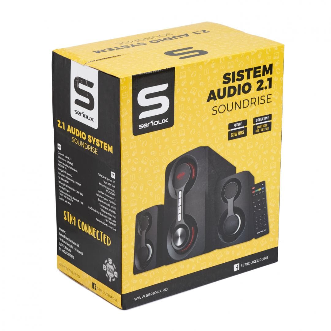Boxe Serioux 2.1 SoundRise 2160W, putere totala 60W RMS, tip 2.1, sateliti 2 x 15W, subwoofer 30W, Conectivitate: Bluetooth, USB, AUX, SD, Radio FM, negre, SRXS-2160W — miniatură