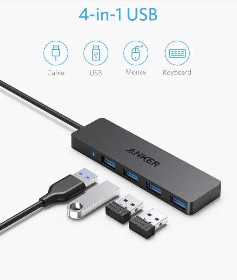 Hub USB Anker A7516016, USB-A, 4 porturi, Negru — miniatură