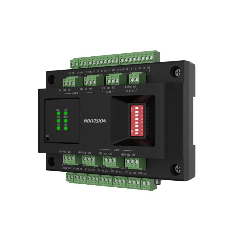 Door control modul Hikvision DS-K2M002X: -Supports 2 door control. It can connect with access controller via RS-485 -Connects with card reader via RS-485 (OSDP) or Wiegand -Installs with guide rail -Supports battery charging and discharging -Supports indicators for indicating power status