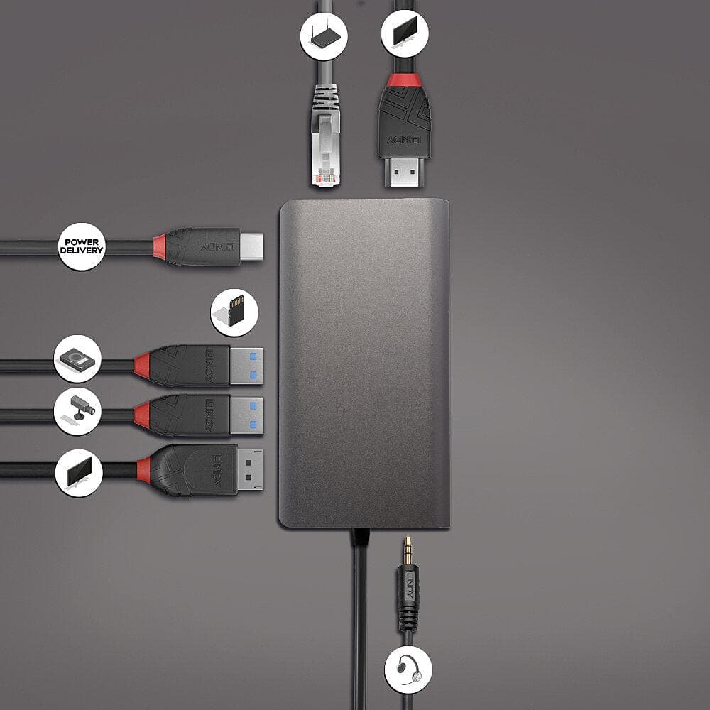 Hub USB Lindy DST-Mini XT, USB-C, 7 porturi, HDMI, RJ-45, Gri — miniatură