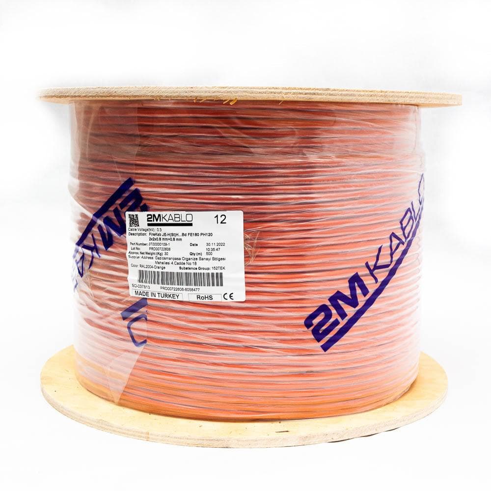 "Cablu incendiu JEH(St)H...Bd FE180 PH120 2x2x0.8 mm+0.8 , rezistenta la foc 120 minute, compatibilitate E30/E90producator 2M Kablo, 3T00000109-500Diametru fir: 0.8mmConductor: perechi torsadate cu protectie din fibra de sticla, cupru 100%Culori fire: conform -VDE0815Manta: Halogen free, si