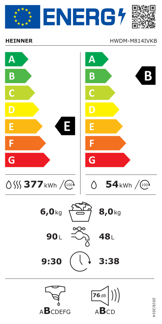 Masina de spalat rufe cu uscator HEINNER HWDM-M814IVKB, 8/6 kg, 1400 RPM, Clasa: B, Alb — miniatură