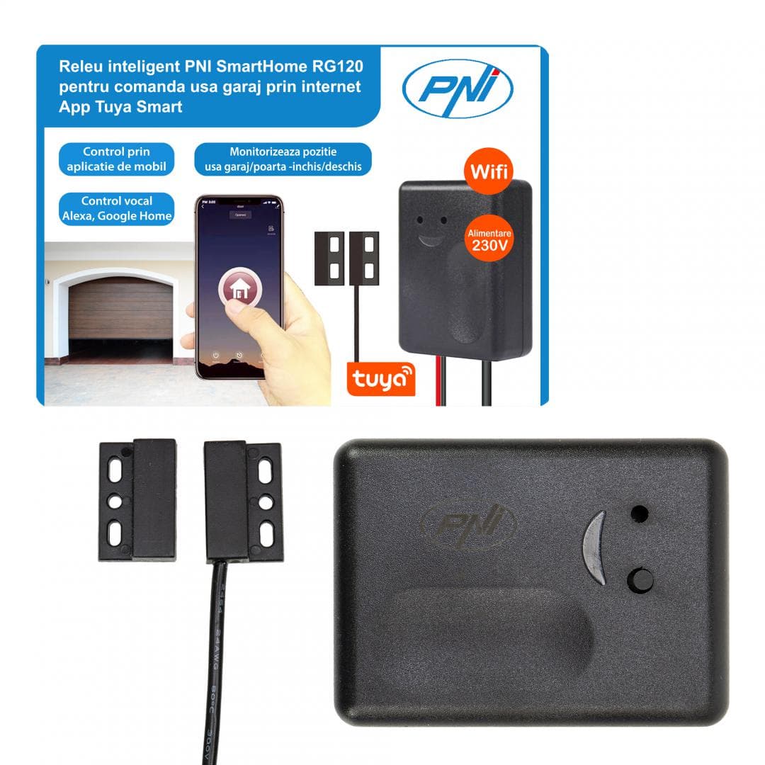 Releu inteligent PNI SmartHome RG120 WiFi pentru comanda deschidere usa garaj/poarta monitorizata prin internet cu App Tuya Smart, compatibil Amazon Alexa si Google Home, deschizător pentru uși de garaj, Alimentare: 5v, Telecomanda: 1 buc, Standard WiFi: IEEE 802.11 b/g/n, Frecventa: Wifi 2.4 GHz