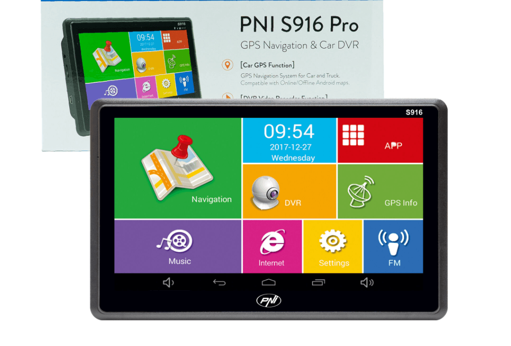 Sistem de navigatie GPS + DVR PNI S916 PRO ecran 7 inch cu Android 6.0, memorie 16 GB, 1GB DDR3 RAM, Android 6.0, Toucscreen, Rezolutie: 800 x 480 pixeli, Procesor: 1.3 GHz, Slot card: Micro SD, FM transmitter, Acumulator 2000 mAh.