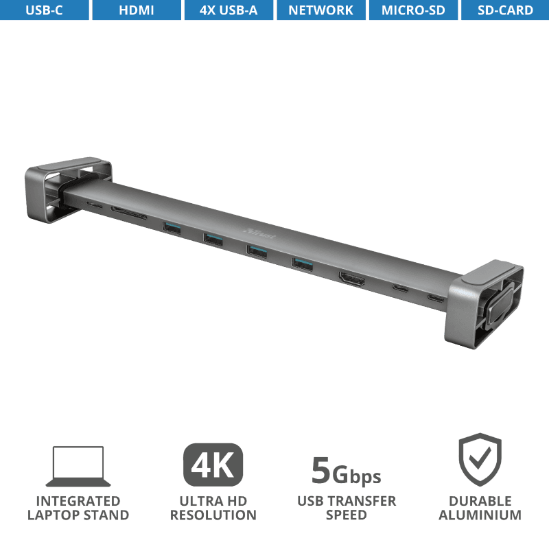 Hub USB Trust Dalyx, USB-C, 10 porturi, HDMI, RJ-45, Argintiu — miniatură