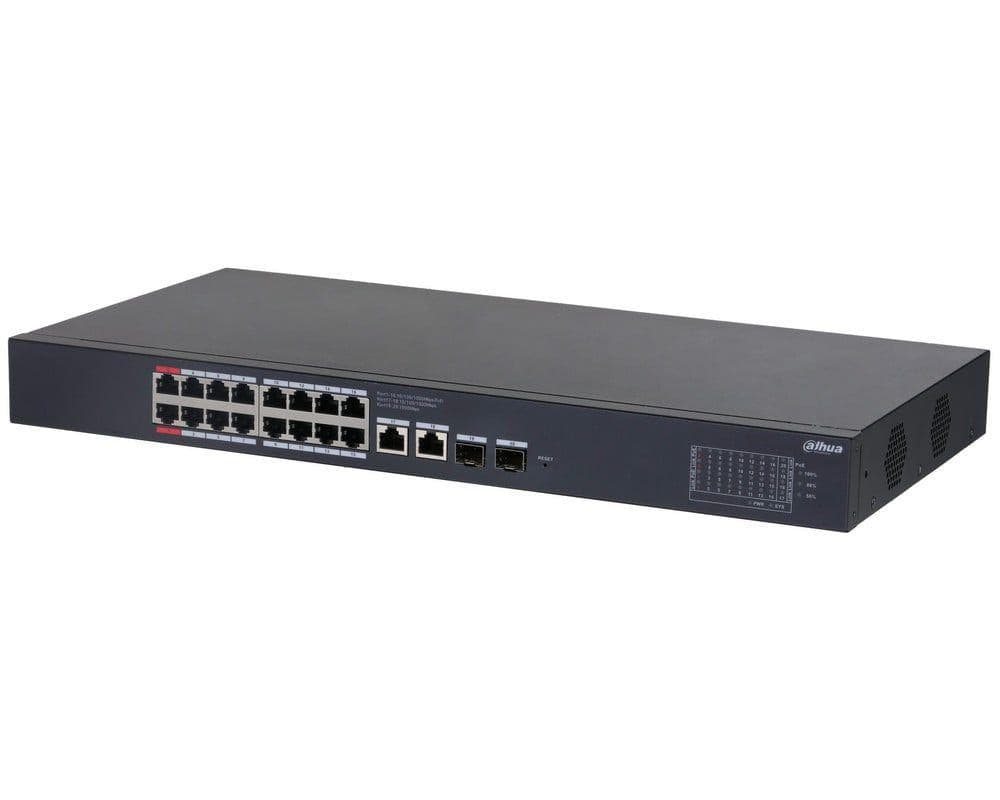Switch Dahua 18 porturi, gigabit, 2 porturi SFP, 16 porturi PoE, 135W, management, porturi : Portul 1-16: 16 × RJ-45 10/100/1000 Mbps (POE); Port 17-18: 2 × RJ-45 10/100/1000 Mbps (legatura in sus); Portul 19-20: 2 × SFP 1000 Mbps (legatura in sus) — miniatură