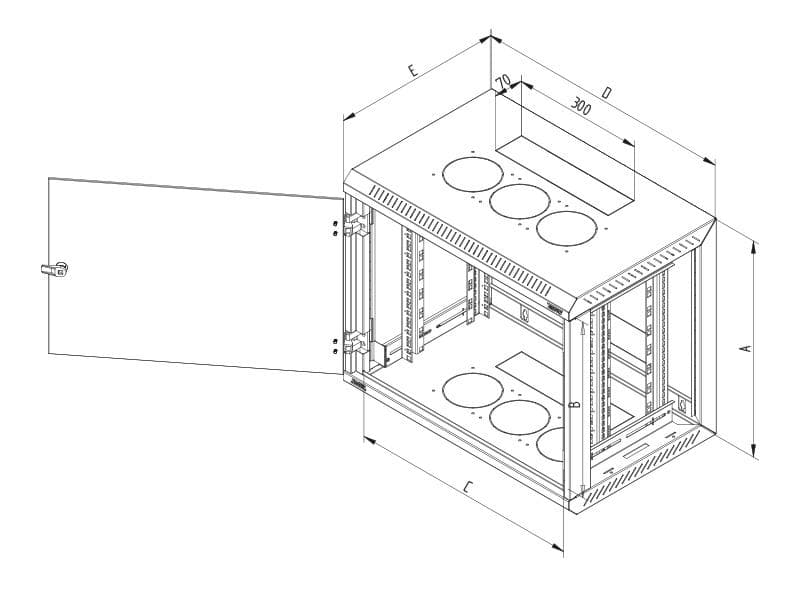 Rack de perete Triton sectiune simpla 18U 600mm adancime usa sticla panouri laterale detasabile, sectiuni acces cabluri sus/jos/spate securizare cu cheie, 1 pereche montanti reglabili, fabricat din tabla galvanizata IP30 gri