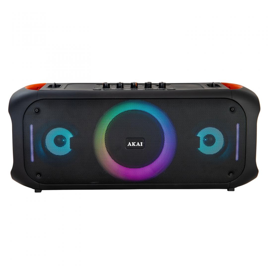 Boxa portabila Akai cu microfon fara fir si telecomanda, bluetooth 5.3 putere 80W, puterea de emisie a canalului BT 2 dbm, baterie 7,4 V, 6000 mAh, tip baterie Litiu-ion, radio FM 87.5-108MHz, frecventa microfonului 2402-2480 MHz, cu intrare AUX, slot USB si card TF, formate audio acceptate MP3 — miniatură