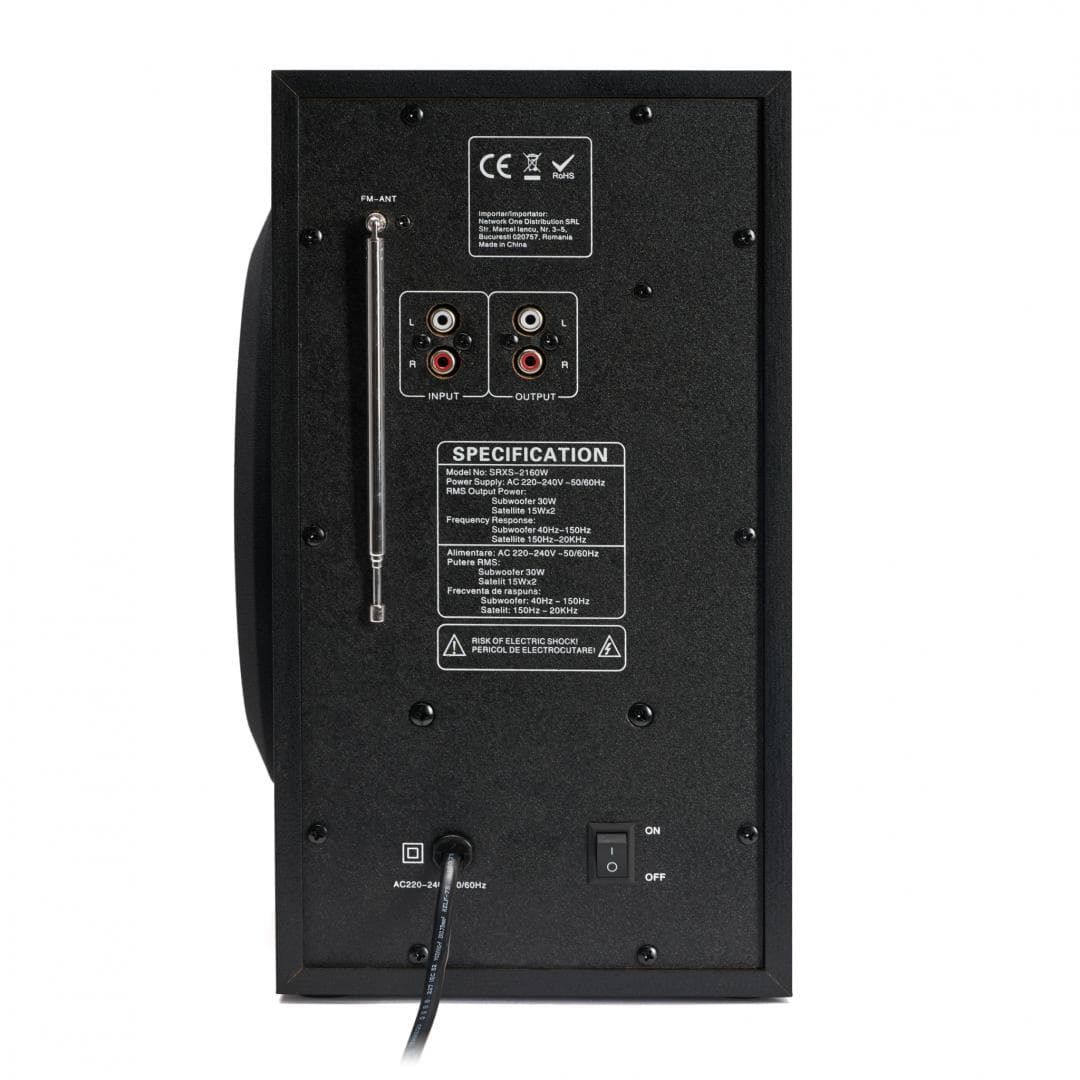Boxe Serioux 2.1 SoundRise 2160W, putere totala 60W RMS, tip 2.1, sateliti 2 x 15W, subwoofer 30W, Conectivitate: Bluetooth, USB, AUX, SD, Radio FM, negre, SRXS-2160W — miniatură
