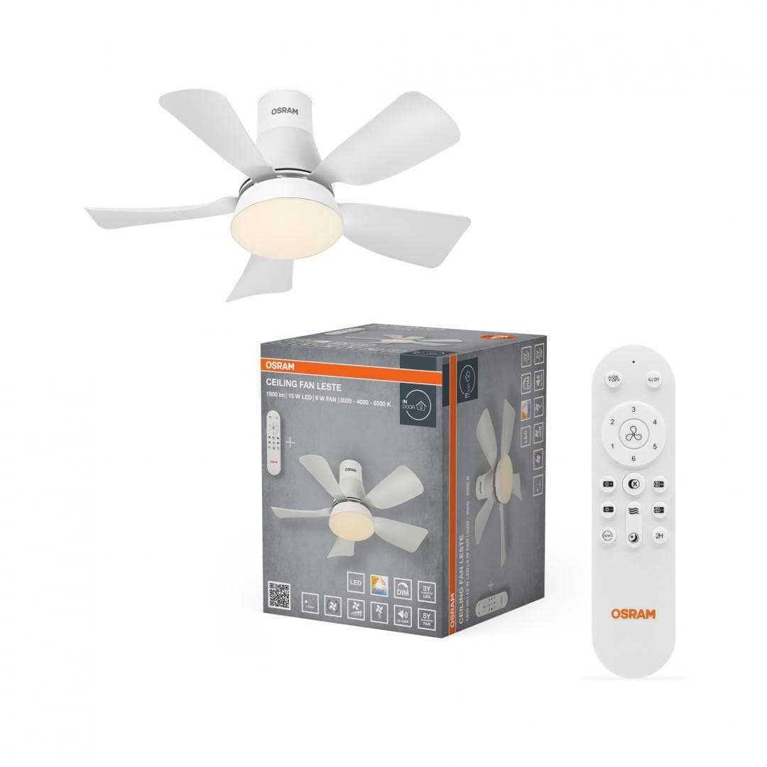 Plafoniera LED CCT cu ventilator Osram Leste cu Telecomanda, 21W, 1800lm, lumina alba (3000-4000-6500K), dimabila, IP20, max 600 m³/h, timer 2h-4h-8h Alb