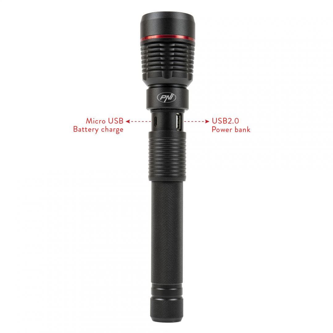 Lanterna PNI Adventure F450 din aluminiu cu focus si functie BOOST, led 20 W, 1500 lm pana la 450 m, IPX5, power bank cu iesire USB, incarcare prin micro USB, acumulator 4400 mAh inclus, functioneaza 10 ore continuu. — miniatură