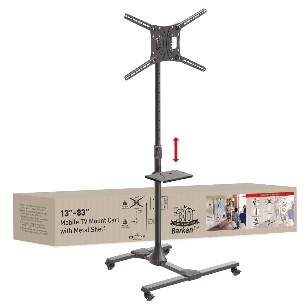 Suport Mobil de podea pentru TV plat/curbat Barkan + raft metal pentru laptop, 32" - 86", VESA 600x400mm, suporta pana la 50kg, Negru