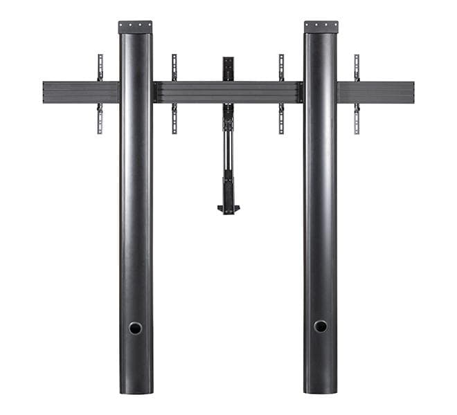 Stand de podea cu fixare in perete B-Tech, pentru doua display-uri cu diagonala 56-65", suporta pana la 70kg (per ecran), inaltime stand 2m, VESA pana la 600x400, include polita pentru montarea camerei de videoconferinta, cable management integrat, include suruburi de blocare a ecranelor pentru a