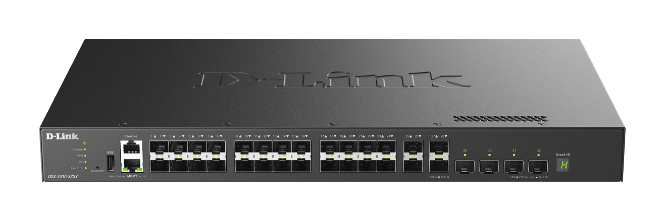 D-Link Switch L3 Managed 32 porturi DXS-3410-32SY, Dimensiuni:441.0 x 250 x 44.0 mm , Capacitate Switch: 760Gbps, 1 x USB 2.0 T, 1 x RJ-45 Console port, 1 x RJ-45 Management port, 1 x USB 2.0 port, 28 x 10G SFP+ ports, 4 x 10/25G SFP28 ports, 3 ventilatoare, Consum: Max.: 104.0 W,