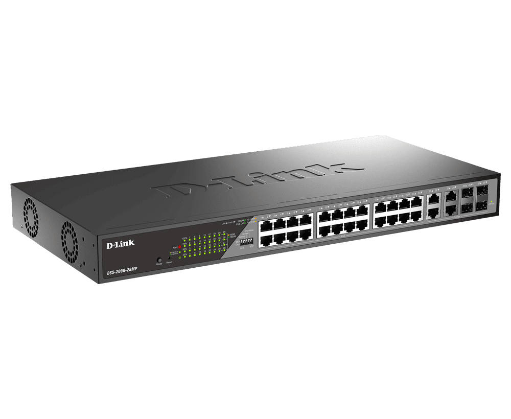 D-Link Switch DSS-200G-28MP,24 x 10/100/1000 Mbps PoE, 4 x Combo 1000 Mbps, Switching Capacity:56 Gbps, Forwarding Rate: 41.67 Mpps, Buget POE: 370 W ; 30 W/port, consum maxim: 425.9 W (PoE on) ; 25.5 W (PoE off), dimensiuni: 440 x 208 x 44 mm, Greutate: 2.86 kg. — miniatură