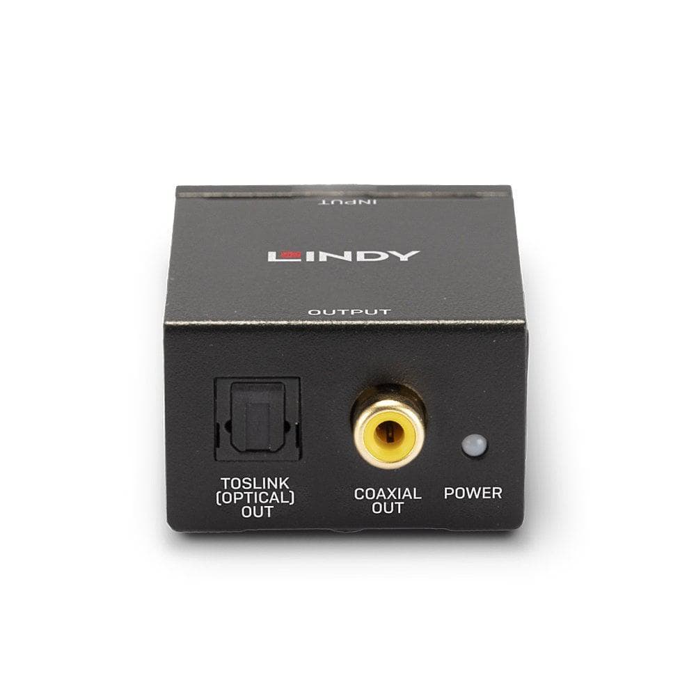 DAC Lindy Phono to TosLink (Optical) & Coaxial Convert analogue audio to a digital audio signal Technical details Specifications Video Interface: - Interface Standard: - Supported Bandwidth: - Maximum Resolution: - HDCP Support: - Audio Interface: Phono (R/L) Chipset: CS8406 Supported Audio: LPCM — miniatură