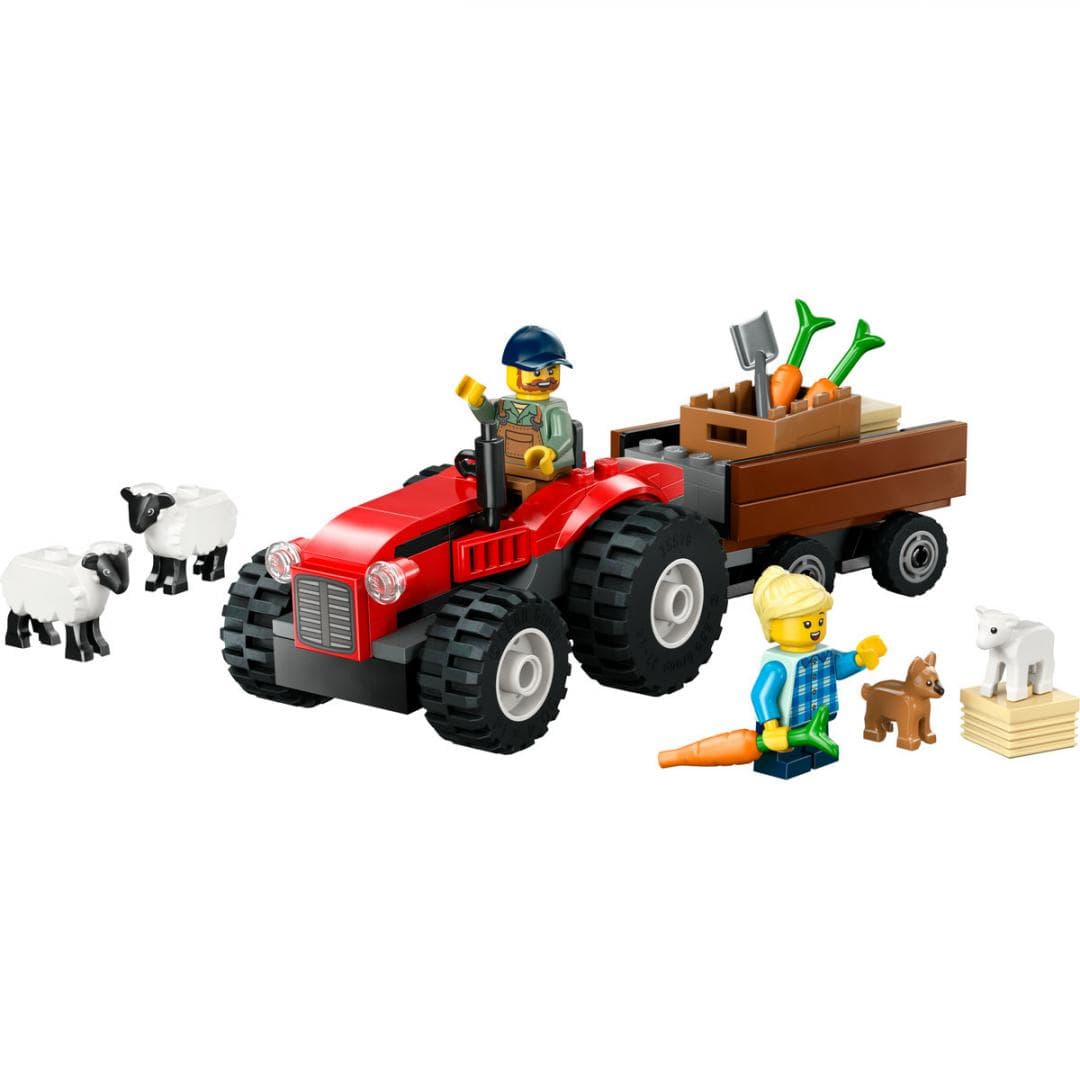 TRACTOR DE FERMA ROSU CU REMORCA SI OI, LEGO 60461 — miniatură