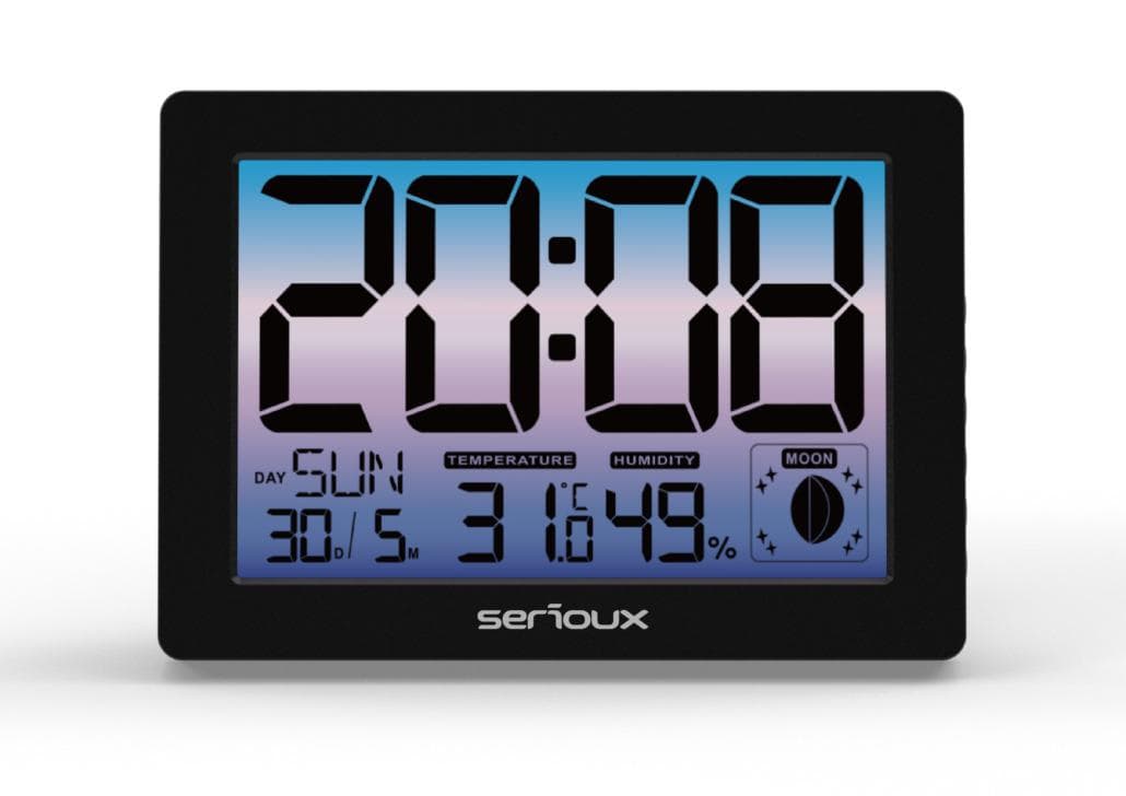 Ceas termometru higometru de camera TH86145, caracteristici: temperatura interioară, afișare ora, calendar, faza lunii, alarmă SPECIFICAȚII: alimentare: adaptor DC 5V 150 mA, baterii: 3x baterii AAA (nu sunt incluse), unitate de temperatură: C&F, interval de afișare a temperaturii: -9,9 — miniatură