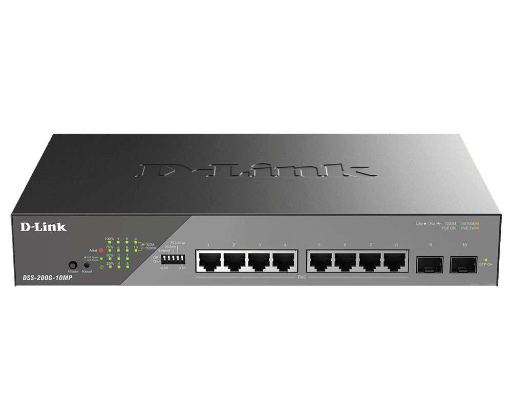 D-Link Switch DSS-200G-10MP, 8 porturi Gigabit POE, 2X SFP 1000Mbps, Capacitate switch: 20Gbps, FW Rate: 14.88Mbps, POE Budget:130W, 30W/port, Dimensiuni: 280 x 180 x 44 mm, Greutate: 1.55kg, Consum: 160.2 W (PoE on) ; 9.63 W (PoE off). — miniatură