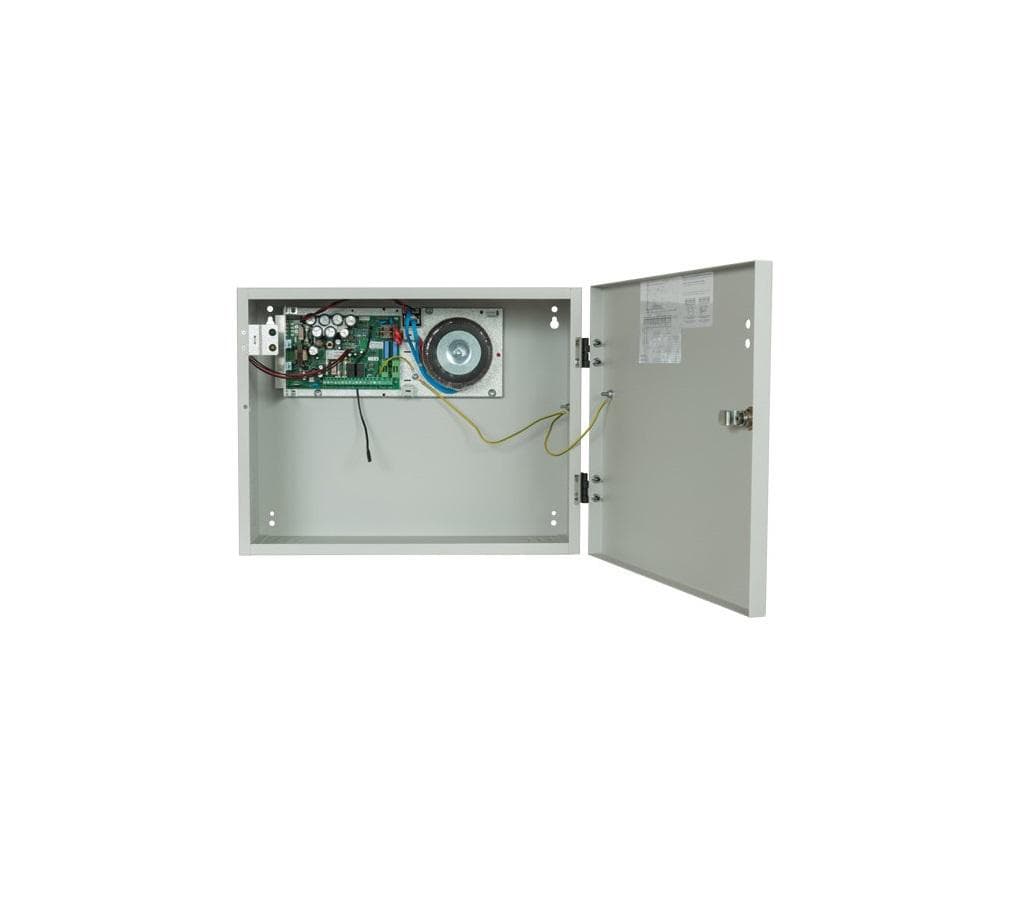 Sursa de alimentare pentru sisteme de detectie incendiu 24V/7A in cutie metalica, loc pentru 2 acumulatori 12V/18A. Sursele sunt certificate EN 54-4, Vds; EN 12101-10; — miniatură