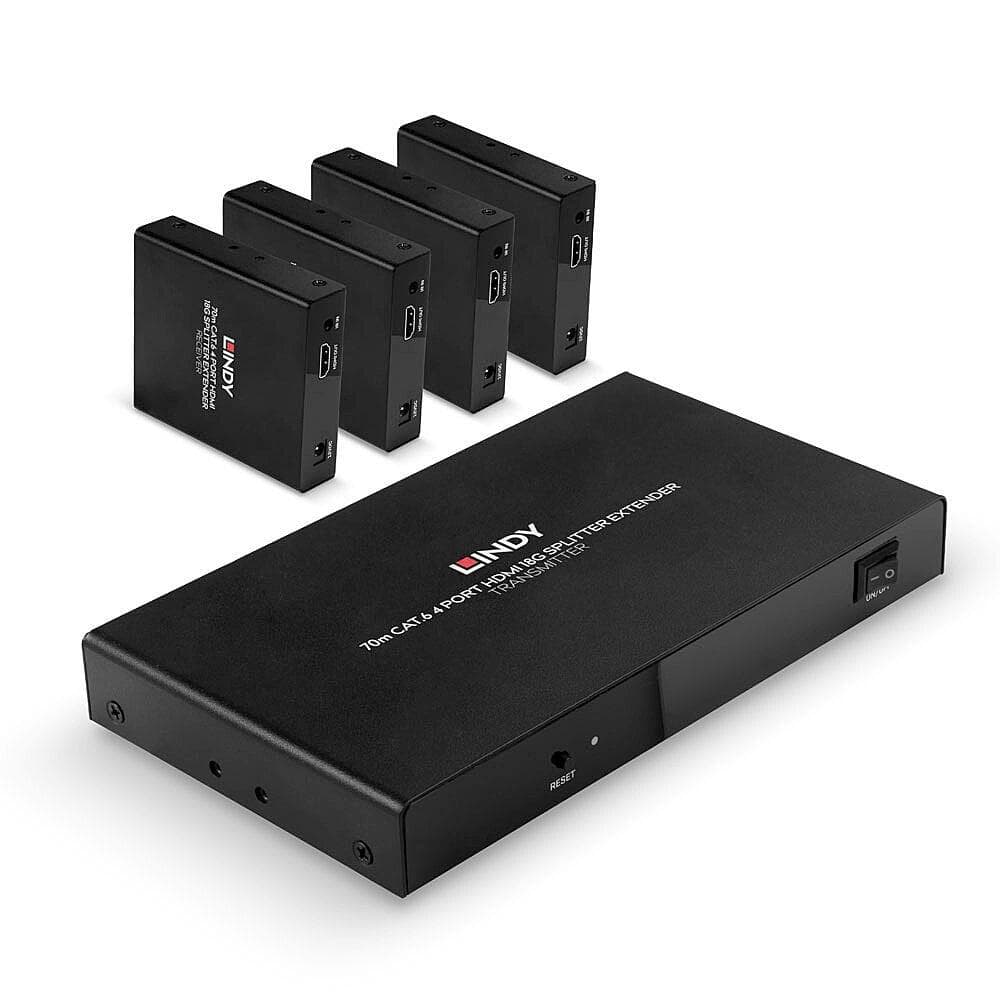 Lindy 70m 4 Port Cat.6 HDMI 4K60 Splitter Extender Description Distribute 4K HDMI signals to up to 4 displays in multiple locations Supports resolutions up to 4K@60Hz, with additional support for HDR Features a loop-through HDMI output on the transmitter for local monitoring or cascading for