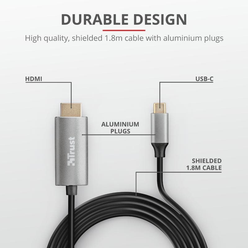 Cablu Trust Calyx, USB-C to HDMI, 1.8m, negru — miniatură