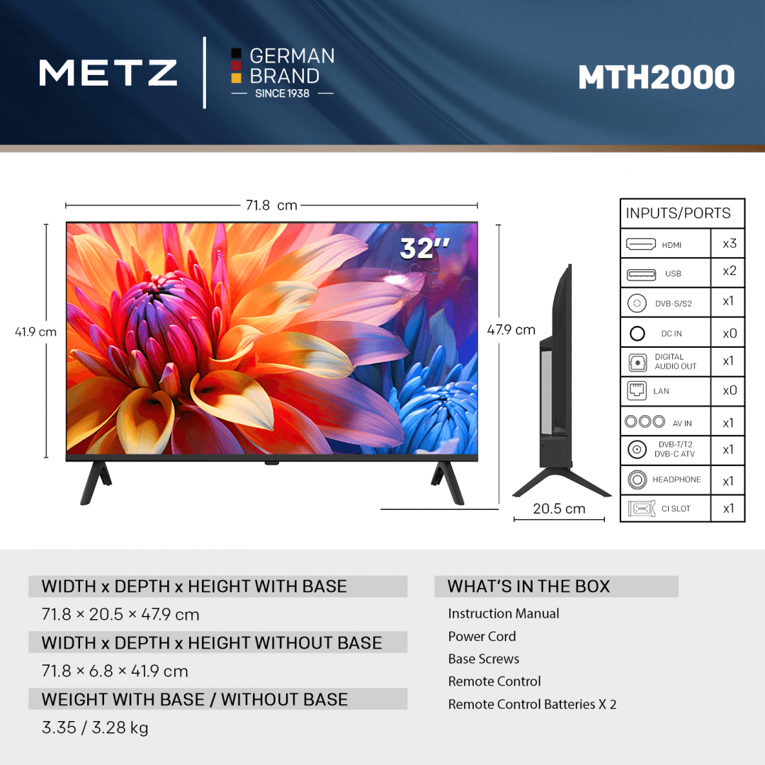 Televizor METZ LED 32MTH2020Z, 80 cm, HD, Clasa E (Model 2026) — miniatură
