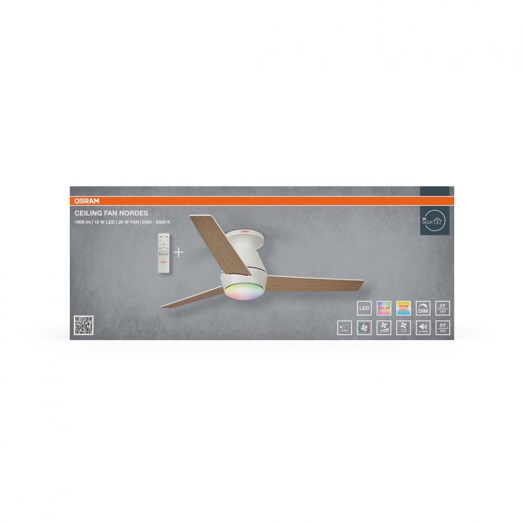Plafoniera LED CCT cu ventilator Osram Nordes cu Telecomanda, 38W, 1900lm, lumina alba si color (3000-6500K), dimabila, IP20, max 5580 m³/h, timer 1h-4h-8h Lemn — miniatură