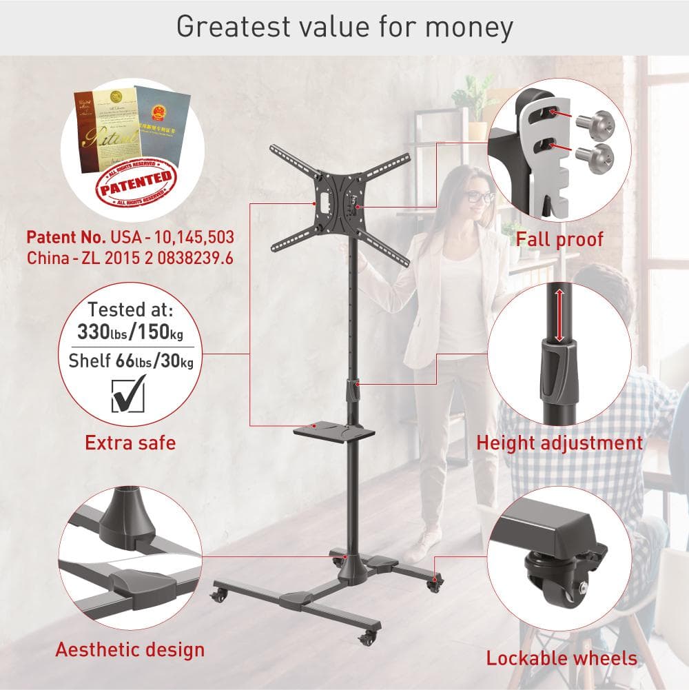 Suport Mobil de podea pentru TV plat/curbat Barkan + raft metal pentru laptop, 32" - 86", VESA 600x400mm, suporta pana la 50kg, Negru — miniatură