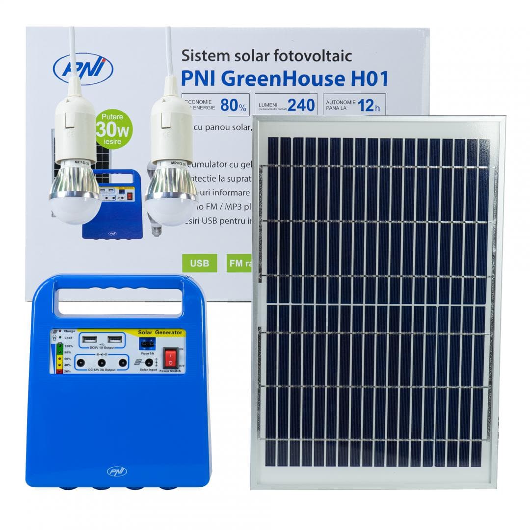 PNI SISTEM SOLAR FOTOVOLTAIC H01, GreenHouse H01 30W cu acumulator 12V/7Ah, USB/Radio/MP3, 2 becuri LED, Tip panou: policristalin, dIMENSIUNI: 360 x 240 x 17mm, cABLU CONECTRE: 6m, Acumulator: 7.0 Ah,Soclu bec: E27, 3W, Timp incarcare: minim 7h, Autonomie: pana la 12 ore cu doua becuri de 3W