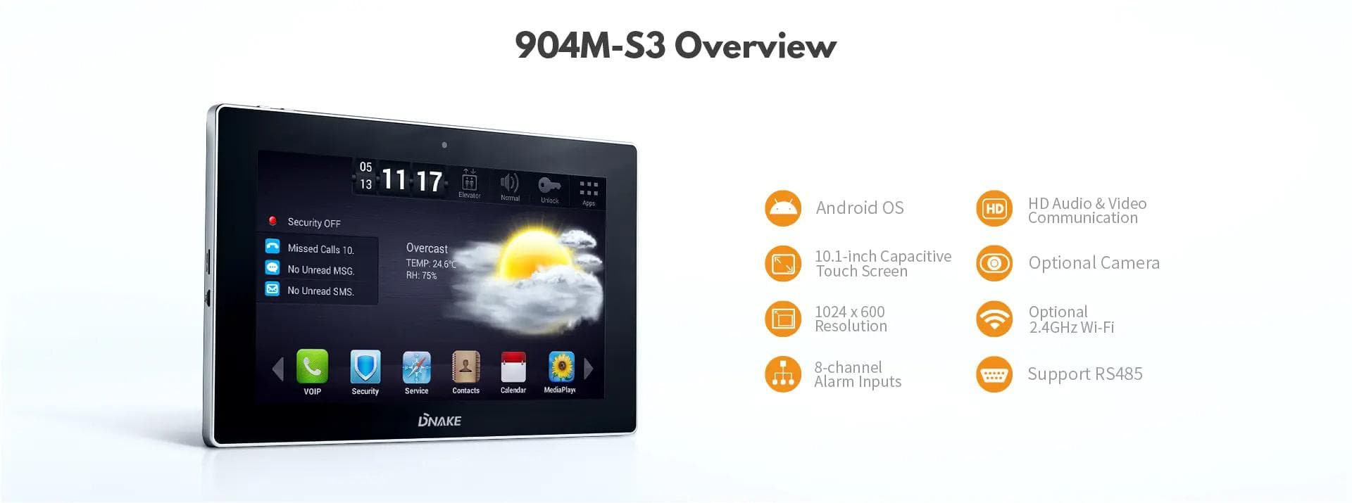 Post interior videointerfon DNAKE 10.1" cu Android; CPU:Octal core 1.5GHz Cortex-A53; Memorie:DDR3 1GB, Flash: 4GB, Ecran:10.1" TFT LCD, 1024x600, touch Screen; Alimentare:DC12V/POE; Consum:10W; Interfata: 10M/100Mbps, RJ-45; Protocol: SIP,TCP/IP, RTSP;