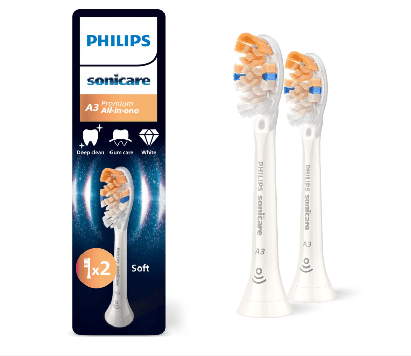Rezerve PHILIPS Sonicare A3 Premium All in One HX9092/87, Pachet de 2 capete de periere standard, Sincronizarea modurilor BrushSync, Alb, L x A x I (mm) 25.7x60x230.5
