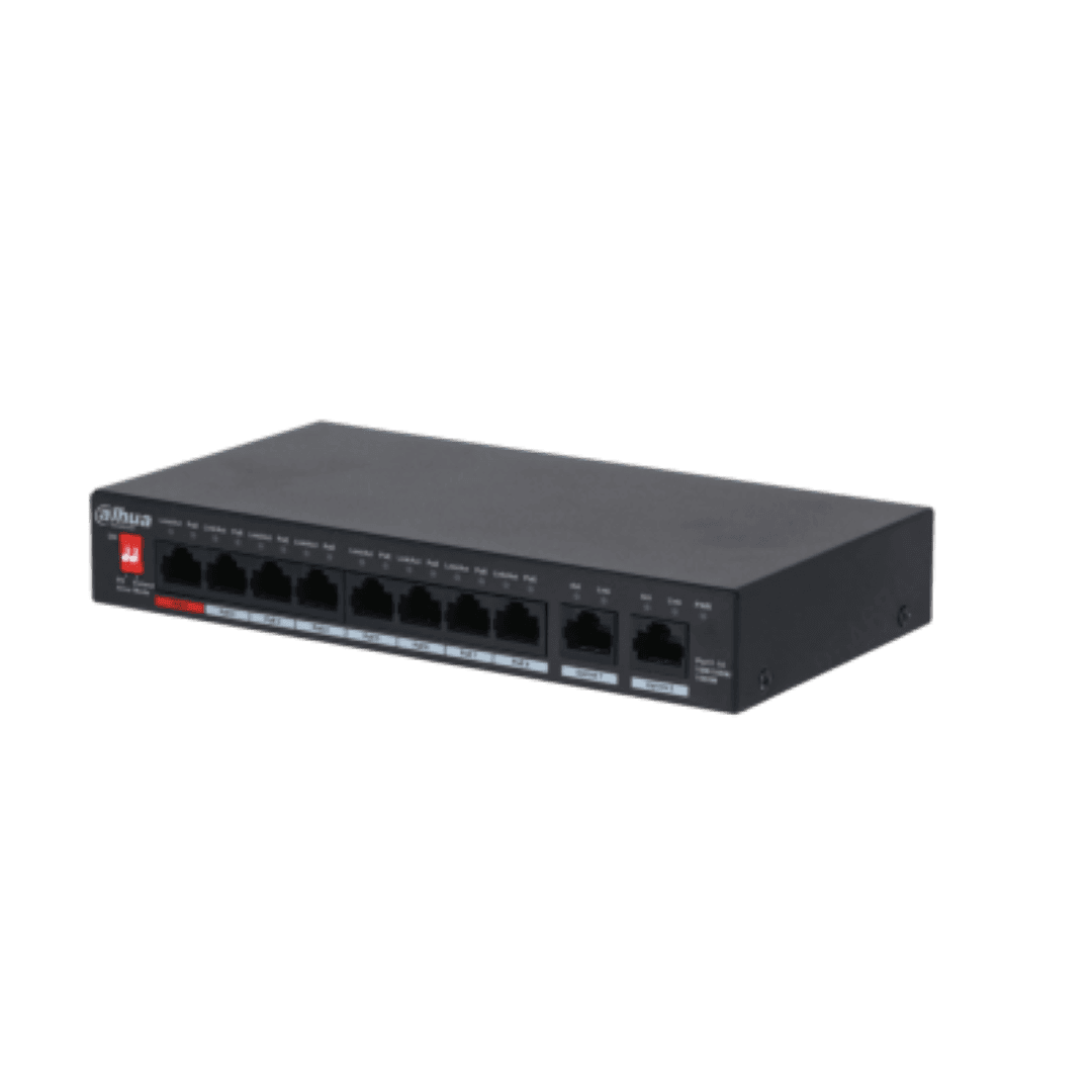 Dahua switch 8 porturi Gigabit PFS3010-8GT-96 V2, Unmanaged, Interfata: 8 x 10/100/1000, 2 x Uplink, Standarde retea: IEEE 802.3, IEEE 802.3ab, IEEE 802.3u, IEEE 802.3x, Capacitate switch: 1.5 Gbit/s, Forwarding rate: 14.88 Mpps, Buget POE: 96 W, Dimensiuni: 190 x100 x 30mm, Greutate: 0.5kg.
