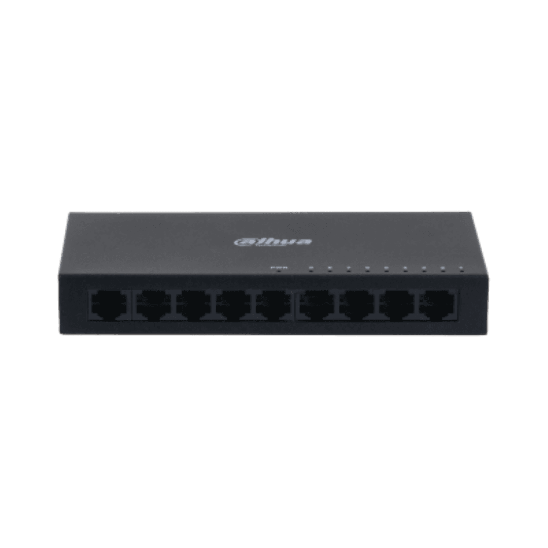 Switch Dahua 9 porturi, unmanaged, Interfata: Port 1-8: 8 × RJ-45 10/100 Mbps, Port 9: 1 × RJ-45 10 M/100 M/1000 Mbps (uplink), Capacitate: 3.6 Gbps, Packet Forwarding Rate: 2.678 Mpps, Greutate: 210g, Dimensiuni: 150 mm × 70 mm × 22.55 mm.