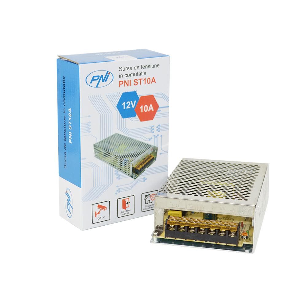 PNI Sursa de tensiune in comutatie PNI ST10A 230V la 12V 10A stabilizata pentru sisteme de supraveghere, Tensiune intrare: 230V AC, iesire: 2 x 12V 10A, 120W, Dimensiuni: 160 x 98 x 40 mm, Greutate: 336g