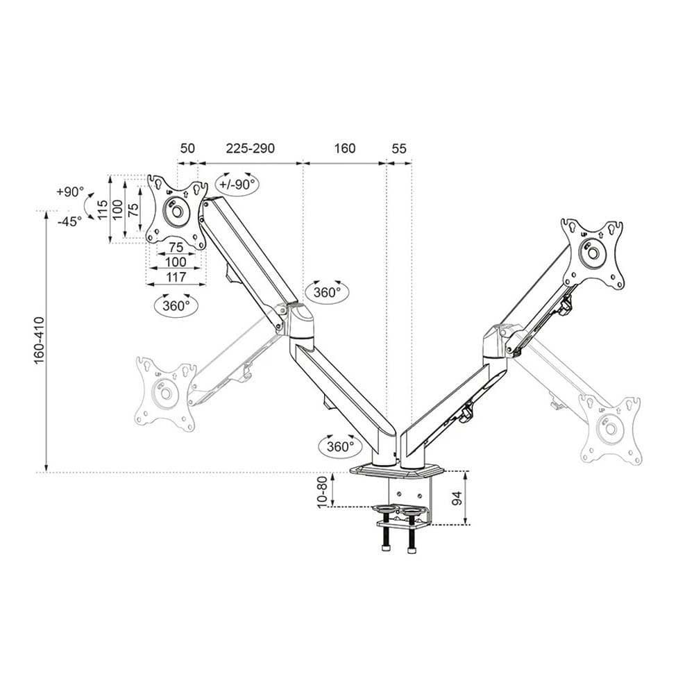 Brat de birou pentru monitor Neomounts, poate sustine 2 monitoare cu diagonala display 17-27", suporta pana la 7kg per monitor, full motion, +90°, -45° inclinatie, +90°, -90° swivel, +180°, -180° rotatie, VESA min 75x75, VESA max 100x100,reglabil pe inaltime: 15.2-40.2 cm, negru. — miniatură