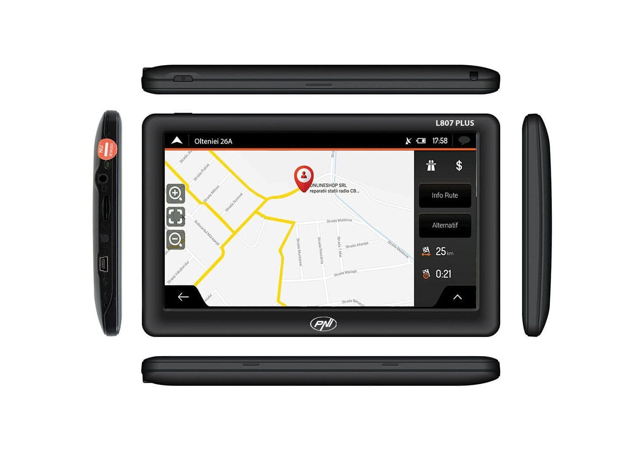 Sistem de navigatie GPS PNI L807 PLUS ecran 7 inch, 800 MHz, 256MB DDR, 8GB memorie interna, FM transmitter, Sistem de operare: Windows CE 6.0, Touchscreen, Rezoluţie ecran: 800 x 480 pixeli, Frecvenţă procesor: 800 Mhz, Card SD/MMC maxim: 32GB, Acumulator incorporat: 1600 mAh — miniatură