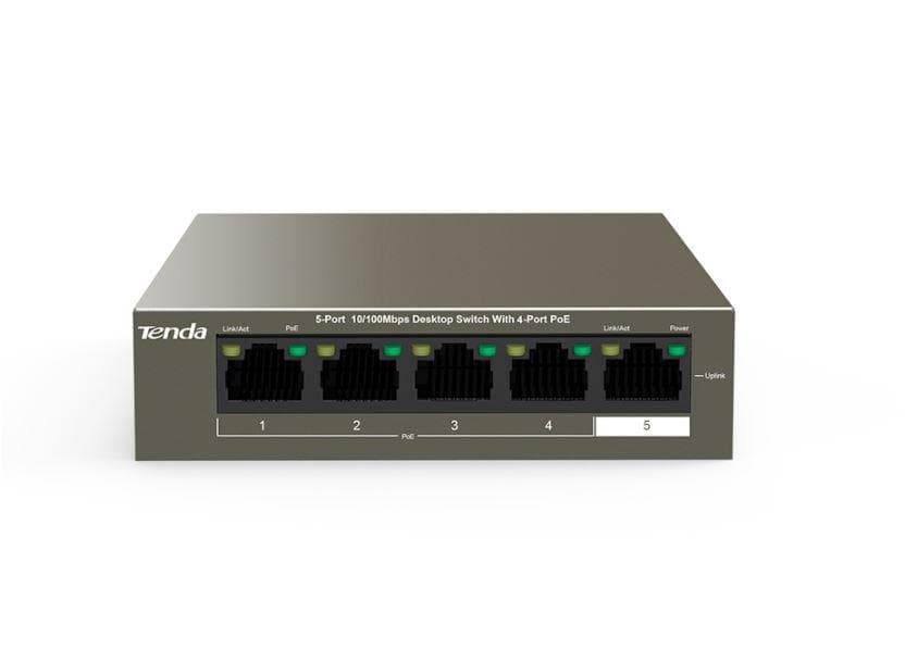 Tenda switch TEF1105P-4-38W, 5-Port 10/100Mbps, 4-porturi POE, Standarde de retea:  IEEE 802.3、 IEEE 802.3u、IEEE 802.3x、 IEEE 802.3af, interfata: 4*10/100 Base-TX Ethernet Ports(Data/Power), 1*10/100 Base-TX Ethernet Port(Data), Dimensiuni: 100.0mmx100.0mmx26.0mm, Switch capacity:  1Gbps, buget POE